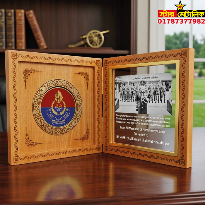 Wooden book award crest